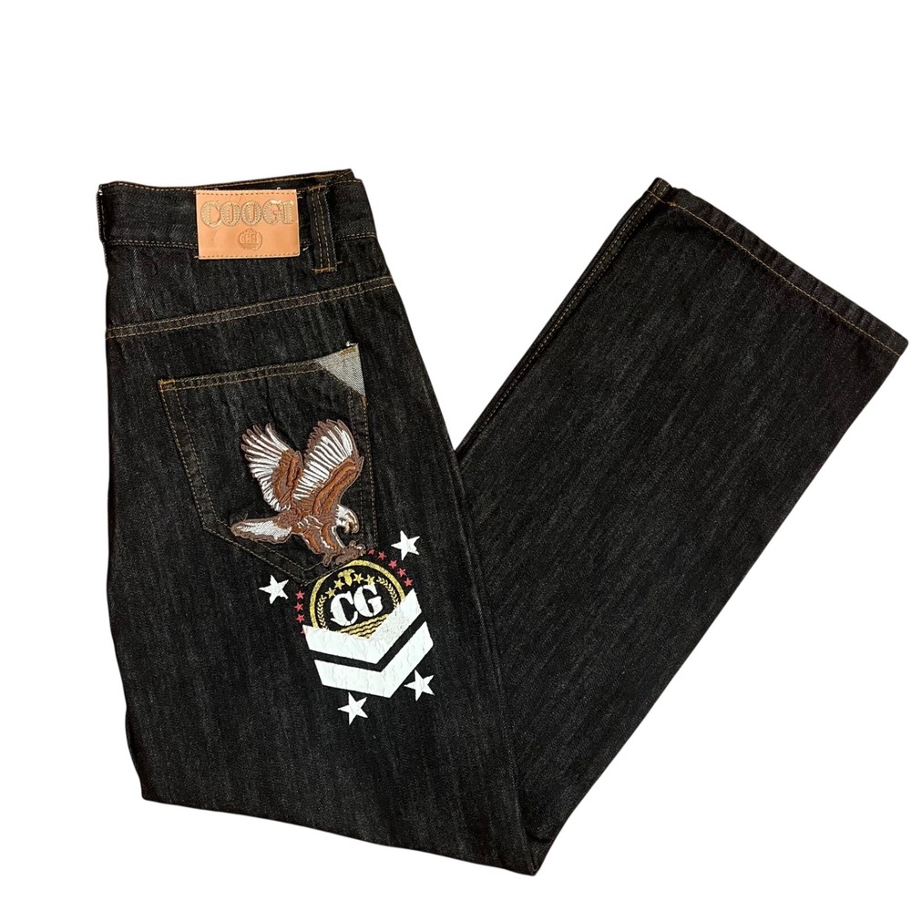 Coogi Jeans Mens 36x32‎ Black Baggy Embroidered Eagle CG Crest Straight Leg Y2K